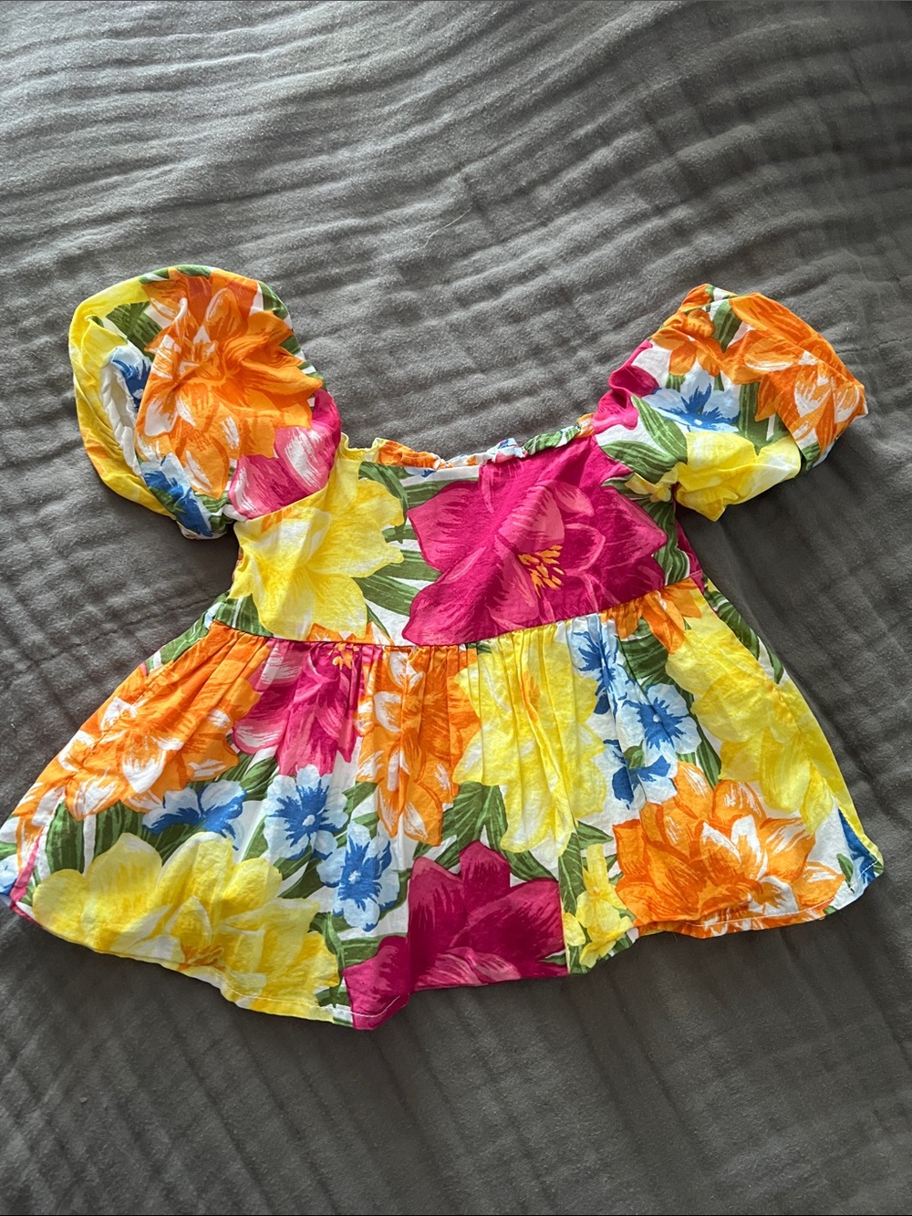 Janie and Jack Yellow Floral Puff-Sleeve Top with Multicolor Blooms